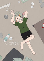  1girl alternate_costume alternate_hairstyle arm_behind_head ashtray asymmetrical_sidelocks barefoot between_fingers black_shorts blunt_bangs can chis-a cigarette cigarette_butt closed_eyes colored_inner_hair crossed_legs crumpled_paper drink_can facing_viewer from_above full_body green_hair green_shirt grey_hair grin hand_up highres holding holding_cigarette kuzu_sanka_(voisona) lying messy_room multicolored_hair nagisa_(_sasam3) on_back on_floor plastic_bottle shirt short_hair short_sleeves shorts smile smoke_trail smoking solo song_name t-shirt table tissue_box voisona 