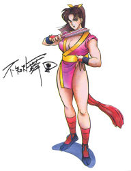 1990s_(style) 1girl breasts hand_fan fatal_fury game large_breasts neo_geo ninja official_art ponytail shiranui_mai solo rating:Questionable score:3 user:jojosstand