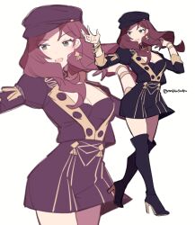  1girl black_footwear black_hat boots breasts brown_hair buttons cabbie_hat cleavage commentary_request do_m_kaeru dorothea_arnault earrings fire_emblem fire_emblem:_three_houses floating_hair full_body garreg_mach_monastery_uniform green_eyes hat high_heel_boots high_heels jewelry long_hair medium_breasts nintendo open_mouth signature simple_background smile solo twitter_username white_background 