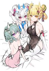 3girls :t absurdres all_fours amrzs_(vtuber) animal_ears backless_dress backless_outfit bare_shoulders bed_sheet black_dress blonde_hair blue_dress breasts brown_eyes cable cable_tail china_dress chinese_clothes cleavage closed_mouth clothing_cutout cow_ears cow_girl cow_horns cow_tail double_bun dress elbow_gloves folded_fan folding_fan gloves green_hair hair_bun hair_rings hand_fan heart_cutout highres holding holding_fan horns large_breasts mechanical_tail monstar_(company) multiple_girls olda_(vtuber) padko pink_dress pout purple_eyes shiodome_oji sitting sketch sleeveless sleeveless_dress square_live tail thighhighs virtual_youtuber wariza white_gloves white_hair white_thighhighs rating:Sensitive score:3 user:danbooru