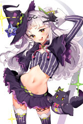  1girl :d absurdres arched_bangs black_capelet black_gloves black_hat black_skirt blush bow bowtie breasts capelet cleavage cone_hair_bun crop_top fang gloves grey_hair hair_bun hair_ornament hairband half_updo haruhina_purple hat highres hololive long_hair long_sleeves lowleg lowleg_skirt microskirt midriff murasaki_shion murasaki_shion_(1st_costume) navel open_mouth pentagram pink_bow pink_bowtie pinstripe_pattern pinstripe_shirt purple_capelet purple_shirt purple_thighhighs shiokko_(murasaki_shion) shirt short_eyebrows side_up_bun sidelocks single_side_bun skirt small_breasts smile sparks stomach striped_clothes striped_shirt striped_thighhighs thighhighs thighlet tilted_headwear tongue v vertical-striped_clothes vertical-striped_shirt vertical-striped_thighhighs virtual_youtuber white_background wide_hips witch_hat yellow_eyes 