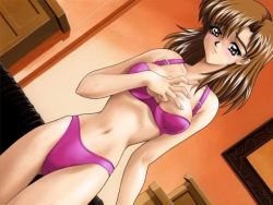  1girl artist_request bare_arms bare_shoulders blush bra brown_eyes brown_hair copyright_request dutch_angle embarrassed female_focus game_cg hand_on_own_chest legs lingerie navel panties short_hair solo standing thigh_gap underwear underwear_only  rating:Questionable score:5 user:thewiseduck