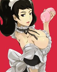  1girl artificial_vagina bad_id bad_pixiv_id black_bow black_eyes black_hair bow breasts cafekun choker cleavage collarbone cum frilled_choker frilled_sleeves frills highres kawakami_sadayo large_breasts long_hair looking_at_viewer looking_back maid maid_headdress open_mouth persona persona_5 puffy_short_sleeves puffy_sleeves red_background sex_toy short_hair short_sleeves solo twintails upper_body white_bow  rating:Explicit score:94 user:danbooru