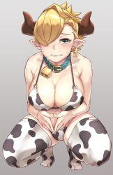 10s 1girl animal_print bare_arms bare_shoulders bell bikini blonde_hair blush breasts cleavage collar cow_girl cow_print cowbell draph ear_blush ear_tag full_body granblue_fantasy grey_background grey_eyes hair_over_one_eye halterneck horns laguna_(granblue_fantasy) large_breasts looking_at_viewer michihasu neck_bell no_shoes o-ring o-ring_bikini one_eye_covered own_hands_together pointy_ears print_bikini print_thighhighs short_hair simple_background solo squatting sweat swimsuit thighhighs rating:Sensitive score:43 user:danbooru