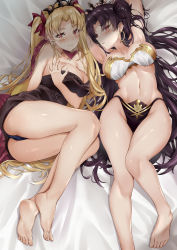 2girls absurdres armpits arms_behind_head arms_up ass bare_shoulders barefoot bikini black_hair blonde_hair blush breasts cape cleavage collarbone earrings ereshkigal_(fate) fate/grand_order fate_(series) feet gold_trim highres hoop_earrings ishtar_(fate) jewelry large_breasts legs long_hair looking_at_viewer lying mismatched_bikini multicolored_cape multicolored_clothes multiple_girls navel neck_ring on_back parted_bangs red_cape siblings sisters swimsuit thighs tiara two_side_up very_long_hair yellow_cape yukiaka rating:Questionable score:165 user:danbooru