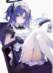  1girl alternate_costume apron black_gloves blue_archive chair closed_mouth collared_dress commentary dress enmaided feet_out_of_frame gloves halo holding holding_plate id_card knees_up long_hair looking_at_viewer maid maid_apron maid_headdress plate puffy_short_sleeves puffy_sleeves purple_eyes purple_hair revision short_sleeves simple_background solo thighhighs two_side_up un_uk very_long_hair white_apron white_background white_thighhighs yuuka_(blue_archive) 