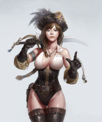  1girl armlet belt black_thighhighs blue_eyes boots braid breasts brown_hair cleavage corset cowboy_shot cutlass feathers gloves grey_background halterneck hat hat_feather holding holding_sword holding_weapon huge_breasts jewelry leather leather_boots legs_together leotard lips necklace no_pants parted_bangs pirate pocket_watch realistic simple_background solo sword thigh_boots thigh_gap thighhighs twin_braids watch weapon wide_hips yonghyun_cho  rating:Sensitive score:39 user:danbooru