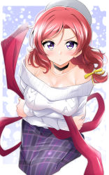  1girl bare_shoulders beret black_choker blush breasts choker commentary_request crossed_arms hat highres kirisaki_reina large_breasts looking_at_viewer love_live! love_live!_school_idol_project nishikino_maki off-shoulder_sweater off_shoulder plaid plaid_skirt purple_eyes purple_skirt red_hair red_scarf scarf short_hair skirt solo sweater white_headwear white_sweater 