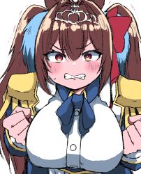  1girl absurdres animal_ears blue_ribbon blush breasts brown_hair clenched_hands clenched_teeth collared_shirt daiwa_scarlet_(umamusume) double-parted_bangs epaulettes hair_between_eyes hair_intakes hands_up highres horse_ears horse_girl large_breasts looking_at_viewer neck_ribbon poyo_(hellmayuge) red_eyes ribbon shirt solo sweatdrop teeth tiara trembling twintails umamusume upper_body v-shaped_eyebrows white_background 