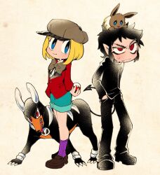  2boys arms_behind_back black_hair blonde_hair blue_eyes bow bowtie chiyo_(shuten_dj) creatures_(company) crossover damien_thorn eevee fang fang_out frown full_body game_freak gen_1_pokemon gen_2_pokemon hands_in_pockets hat highres holding holding_poke_ball houndoom jacket loafers long_sleeves looking_at_another looking_to_the_side looking_up male_focus medium_hair multiple_boys nintendo on_head pants phillip_pirrup pointy_ears poke_ball pokemon pokemon_(creature) pokemon_on_head red_eyes ringed_eyes shoes short_hair shorts smile socks south_park v-shaped_eyebrows 