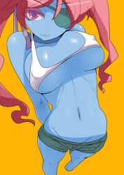  1girl arched_back arms_behind_back artistic_error barefoot blue_skin blush breasts bursting_breasts cleavage colored_eyelashes colored_skin covered_erect_nipples crop_top eyelashes eyepatch foreshortening groin hair_ribbon halterneck hip_focus large_breasts long_hair looking_at_viewer lowleg lowleg_shorts midriff monster_girl multicolored_eyes naughty_face navel no_bra no_panties original parted_bangs perspective pink_hair purple_eyes red_eyes red_hair ribbon ringed_eyes sharekoube short_shorts shorts sideboob simple_background smile solo standing tank_top twintails underboob very_long_hair wavy_hair wide_hips yellow_background zombie zoni-ko  rating:Questionable score:133 user:BlueBaroness