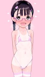 1girl 3d arms_behind_back bikini black_eyes black_hair blush braid braided_ponytail breath flat_chest freckles fut_(pixiv29914540) glasses hair_ornament hairclip heart highres koikatsu_(medium) loli looking_at_viewer micro_bikini naughty_face navel open_mouth panties pink_background pink_bikini shiny_skin simple_background standing striped striped_thighhighs swimsuit tan tanline thighhighs twintails underwear rating:Questionable score:197 user:qaswer456