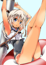 10s 1girl arms_up bare_legs bare_shoulders blonde_hair blue_eyes flower hair_flower hair_ornament highres innertube kantai_collection legs lifebuoy long_hair looking_at_viewer open_mouth ro-500_(kancolle) school_swimsuit slippers solo swim_ring swimsuit swimsuit_under_clothes tan tanline tomatomato_(tomato_kanzume) torpedo