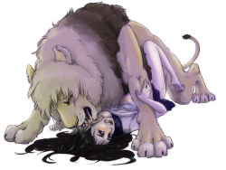  1girl animal bestiality black_hair breasts licking lion lying missionary on_back  rating:Explicit score:53 user:Alayia