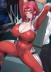  1boy 1girl absurdres aji_(sakanaaj1) arms_up black_pants blue_eyes blush bodysuit breasts cleavage clenched_teeth code_geass commentary_request covered_erect_nipples headband highres indoors kouzuki_kallen large_breasts paid_reward_available pants parted_lips red_bodysuit red_hair red_headband shirt sitting solo_focus spread_legs teeth thighs white_shirt 