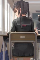 1boy 1girl absurdres bag black_hair black_skirt blurry brown_eyes chair chalkboard classroom depth_of_field desk eto from_behind has_bad_revision has_downscaled_revision highres indoors long_hair looking_outside md5_mismatch original pleated_skirt pov resolution_mismatch school school_bag school_desk school_uniform see-through serafuku sitting skirt smile solo_focus source_smaller teacher teacher_and_student twintails two_side_up window writing rating:Sensitive score:17 user:danbooru