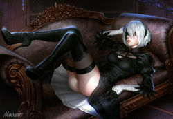  1girl absurdres ass audia_pahlevi black_dress black_gloves black_hairband black_thighhighs blindfold boots couch dress feather-trimmed_sleeves gloves hairband high_heel_boots high_heels highres huge_filesize lying nier_(series) nier:automata on_back panties pantyshot puffy_sleeves short_hair silver_hair solo thigh_boots thighhighs underwear 2b_(nier:automata) 