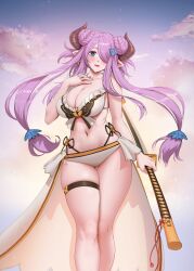  1girl absurdres bare_shoulders bikini blue_eyes blush braid braided_bun breasts brown_horns cleavage cloud cloudy_sky collarbone double_bun draph forward_facing_horns gradient_sky granblue_fantasy hair_bun hair_over_one_eye hand_on_own_chest highres holding holding_sword holding_weapon horns katana large_breasts looking_at_viewer narmaya_(granblue_fantasy) narmaya_(summer)_(granblue_fantasy) navel official_alternate_costume official_alternate_hairstyle open_mouth orambe pink_hair pointy_ears sarong skindentation sky smile solo standing stomach swimsuit sword thick_thighs thigh_gap thigh_strap thighs weapon white_bikini white_sarong 