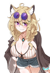  1girl ahoge animal_ear_fluff arknights bikini blonde_hair braid breasts cleavage cowboy_shot eyewear_on_head fang highres jewelry large_breasts looking_at_viewer maiq06 navel necklace purple_eyes short_shorts shorts simple_background skin_fang smile solo striped_bikini striped_clothes swimsuit utage_(arknights) utage_(summer_flowers)_(arknights) white_background 
