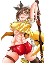 1girl artist_request ass atelier_(series) atelier_ryza atelier_ryza_2 bare_shoulders blush breasts brown_eyes brown_hair from_behind gloves hair_ornament hair_ribbon hairclip hat highres large_breasts looking_at_viewer open_mouth red_shorts reisalin_stout ribbon shiny_clothes shiny_skin short_hair short_shorts shorts sideboob smile solo staff thigh_strap thighhighs rating:Questionable score:6 user:armorcrystal