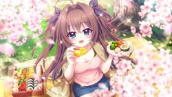  1girl ahoge bento black_bow blanket blue_eyes blue_skirt bow breasts broccoli brown_coat brown_hair cherry_blossoms chopsticks cleavage coat coat_on_shoulders day dot_nose film_grain flower food food_art food_request from_above game_cg grass hair_bow hair_ribbon hanami hand_up hardboiled_egg holding holding_chopsticks holding_plate incoming_food izumi_tsubasu lens_flare long_hair looking_at_viewer makizushi medium_breasts non-web_source official_art on_ground open_mouth outdoors plate re:stage! red_ribbon ribbon shikimiya_aone sitting skirt smile solo sparkle sunlight sushi tako-san_wiener tomato tree two_side_up wariza yellow_flower 
