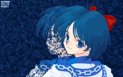  1995 1girl blue_background blue_eyes blue_hair bow close-up dated hair_bow looking_at_viewer non-web_source ooyari_ashito red_bow rimururu samurai_spirits short_hair smile solo 