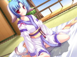  1girl animal_ears bed bedwetting blue_hair character_request female_focus highres indoors japanese_clothes kimono nature panties peeing peeing_self plant purposeful_wetting sky solo source_request striped_clothes striped_panties tabi tail underwear wet wet_clothes wet_panties  rating:Questionable score:57 user:Momo