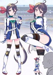  1boy 1girl admiral_(kancolle) akebono_(kancolle) asava_(hutaitenn) boots breasts cropped_jacket dress faceless faceless_male flying_sweatdrops gloves hair_ribbon jacket kantai_collection leg_up long_hair long_sleeves multiple_views official_alternate_costume ponytail purple_eyes race_queen ribbon side_ponytail small_breasts sweat thigh_boots 