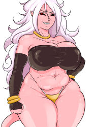  1girl android_21 artist_bitter_cream breasts cleavage colored_skin dragon_ball dragon_ball_fighterz earrings grin highres huge_breasts jewelry looking_at_viewer majin_android_21 navel parted_lips pink_hair pink_skin plump pointy_ears red_eyes simple_background smile solo standing teeth thick_thighs thighs white_background  rating:Questionable score:21 user:MoonDark