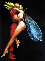  1boy 1girl arm_cannon ass bare_arms bare_shoulders belt bikini black_background blonde_hair blue_eyes bodysuit bottomless breasts chiaroscuro cobra_(space_adventure_cobra) couple elis_(space_adventure_cobra) fairy_wings flying_hair full_body high_heels hug long_hair looking_at_viewer muscular muscular_male no_socks pantyhose profile psychogun red_bodysuit red_footwear shoes short_hair sideboob simple_background space_adventure_cobra standing swimsuit terasawa_buichi weapon wings wristband 