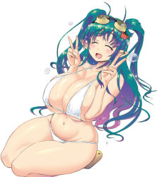 1girl breasts breasts_squeezed_together bubble cleavage closed_eyes curvy goggles goggles_on_head green_hair huge_breasts long_hair navel pointy_ears rebis seiza simple_background sitting smile solo thighs v white_hair rating:Questionable score:81 user:danbooru