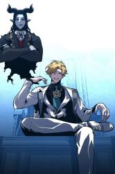 1boy black_shirt blonde_hair breasts closed_eyes demon_devourer elric_melvinger gloves green_eyes hand_up jacket long_hair looking_at_viewer pants shirt sitting small_breasts solo white_gloves white_jacket white_pants