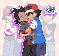  2boys antenna_hair artist_name ash_ketchum baseball_cap black_hair black_shorts blue_eyes blush brown_eyes closed_mouth commentary creatures_(company) english_commentary game_freak goh_(pokemon) hair_ornament hairclip hat heart hug looking_at_another looking_at_viewer looking_to_the_side male_focus multiple_boys nintendo pokemon pokemon_(anime) pokemon_journeys pout sara_bon short_sleeves shorts spoken_heart v-shaped_eyebrows yaoi  rating:Sensitive score:41 user:danbooru