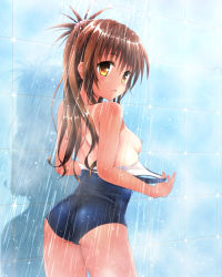 1girl ass blush breasts brown_hair flat_ass long_hair nipples one-piece_swimsuit one-piece_tan school_swimsuit shadow showering small_breasts solo swimsuit tamanegi_(genpi) tan tanline to_love-ru wet yellow_eyes yuuki_mikan rating:Questionable score:22 user:danbooru