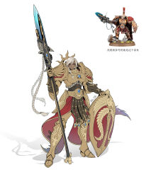  1girl absurdres adeptus_custodes armor armored_boots blonde_hair boobplate boots breastplate breasts dark-skinned_female dark_skin faulds flat_color full_body gauntlets guardian_spear highres holding holding_polearm holding_weapon large_breasts looking_at_viewer moonface photo-referenced photo_inset polearm red_eyes reference_inset shadow shield shoulder_armor solo spear standing waist_cape warhammer_40k weapon white_background 