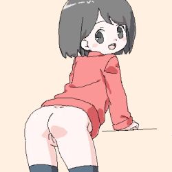  1girl :d arm_support ass beige_background bent_over black_eyes black_hair black_thighhighs blush_stickers bottomless cleft_of_venus female_focus jaggy_lines lokulo_no_mawashimono loli long_sleeves looking_at_viewer looking_back lowres oekaki open_mouth original pussy red_shirt shirt short_hair simple_background smile solo standing thighhighs uncensored  rating:Explicit score:175 user:sytalidis