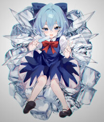  1girl :d absurdres black_footwear blue_bow blue_dress blue_eyes blue_hair bow bowtie cirno commentary dress food full_body grey_background hair_bow hands_up highres holding holding_food holding_popsicle ice ice_cube ice_wings kani_nyan looking_at_viewer mary_janes medium_hair open_mouth pinafore_dress popsicle puffy_short_sleeves puffy_sleeves red_bow red_bowtie shirt shoes short_sleeves sleeveless sleeveless_dress smile solo sparkle symbol-only_commentary touhou v white_shirt wings 
