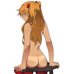 1girl ass bare_arms bare_shoulders blue_eyes breasts brown_hair hair_ornament neon_genesis_evangelion solo souryuu_asuka_langley tan tanline undressing rating:Questionable score:58 user:boxdesu