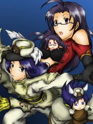 4girls arc_system_works artist_request bare_shoulders between_breasts black_hair blazblue blue_eyes blue_hair breasts chinese_clothes clone cosplay female_focus glasses hat idolmaster idolmaster_(classic) imai_asami kisaragi_chihaya litchi_faye_ling litchi_faye_ling_(cosplay) long_hair looking_at_viewer mini_person minigirl miura_azusa multiple_girls namco open_mouth person_between_breasts purple_eyes serious takahashi_chiaki tsubaki_yayoi tsubaki_yayoi_(cosplay) uniform voice_actor_connection 