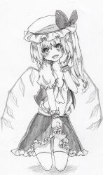  1girl ascot fangs flandre_scarlet frilled_skirt frills greyscale hand_on_own_cheek hand_on_own_face hat hat_ribbon head_tilt highres loli long_hair looking_at_viewer mob_cap monochrome one_side_up open_clothes open_mouth open_shirt open_vest puffy_short_sleeves puffy_sleeves ribbon shi_gu short_sleeves simple_background skin_fangs skirt solo thighhighs touhou vest white_background wings wrist_cuffs 