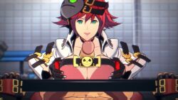 1boy 1girl 3d animated fingerless_gloves gloves green_eyes guilty_gear guilty_gear_strive hipminky jack-o&#039;_valentine looking_at_viewer looping_animation mask paizuri penis pov red_hair sol_badguy sound tagme video wallimog