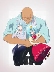  10s 1boy 2girls bald blue_hair boots crying family father_and_daughter ghost go_takeo group_hug hair_ornament highres hoshikawa_lily hug husband_and_wife kneeling long_hair long_skirt low-tied_long_hair manly mother_and_daughter multiple_girls scar scar_across_eye scar_on_face size_difference skirt smile star_(symbol) star_hair_ornament streaming_tears tears transparent zombie zombie_land_saga 