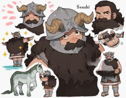  1boy animal anklet beard brown_hair closed_eyes covered_mouth dungeon_meshi facial_hair fake_horns grey_background helmet holding holding_plate horned_helmet horns horse jewelry long_beard long_hair lying male_focus male_underwear mature_male motion_lines multiple_views mustache on_back pac-man_eyes plate senshi_(dungeon_meshi) simple_background smile sparkle t-pose underwear v-shaped_eyebrows white_male_underwear zoo_(oukakumaku) 