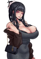  1girl absurdres arapanchi bag barcode barcode_tattoo black_bra black_dress black_hair black_nails blunt_bangs bra breast_tattoo breasts cardigan cleavage clenched_teeth covered_navel d_(killer_wife)_(nikke) d_(nikke) dongtan_dress dress goddess_of_victory:_nikke handbag heart heart_necklace highres huge_breasts jewelry long_hair looking_at_viewer meme_attire nail_polish necklace official_alternate_costume open_cardigan open_clothes red_eyes skindentation solo tattoo teeth underwear 