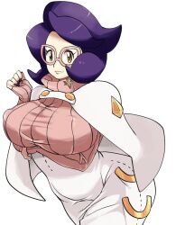  1girl arm_under_breasts big_hair breasts buttons capelet coat creatures_(company) game_freak glasses gold green_eyes large_breasts mantis0 nail_polish nintendo pink-framed_eyewear pink_sweater plump pokemon pokemon_sm purple_hair purple_nails ribbed_sweater sweater turtleneck turtleneck_sweater white_capelet white_coat wicke_(pokemon) wide_hips 
