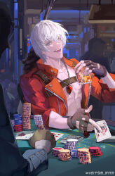  2boys absurdres ace_(playing_card) ace_of_hearts alcohol bar_(place) bishounen black_gloves blue_coat blue_eyes card coat cup dante_(devil_may_cry) demon_boy devil_may_cry devil_may_cry_(series) devil_may_cry_3 fang fangs fingerless_gloves gloves hair_between_eyes hair_slicked_back heart highres holding holding_card looking_at_viewer male_focus multiple_boys muscular muscular_male open_clothes playing_card poker poker_table qiezi_guaishou rebellion_(sword) smile sword table toned toned_male vergil_(devil_may_cry) weapon white_hair 