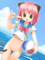  1girl :d animal_ears ball beach beachball blue_sailor_collar blue_sky blush bottomless bow bowtie cat_ears cat_girl cat_tail cleft_of_venus cloud commentary_request cowboy_shot day dutch_angle emurin female_focus flat_chest food gluteal_fold green_eyes happy holding holding_ball holding_beachball horizon loli looking_at_viewer ocean open_mouth original outdoors pink_bow pink_bowtie pink_hair pinky_out popsicle pussy sailor_collar school_uniform serafuku short_hair sky smile solo standing tail thigh_gap uncensored water  rating:Explicit score:39 user:danbooru