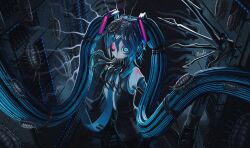  absurdres android artificial_eye artist_name black_sclera black_shirt blue_eyes blue_hair blue_necktie bug ca_(maeda_koutarou) calne_ca_(deino) colored_sclera cosplay earpiece hashtag-only_commentary hatsune_miku hatsune_miku_(cosplay) highres illusolis mandibles mechanical_arms nato-kun necktie open_clothes open_shirt red_eyes shirt single_mechanical_arm skeletal_arm sleeveless sleeveless_shirt teeth twintails upper_teeth_only vocaloid wire 