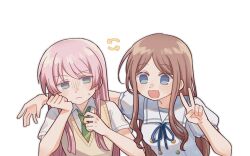 2girls arm_around_shoulder artist_request bang_dream! bang_dream!_it&#039;s_mygo!!!!! blue_eyes blue_ribbon brown_hair brown_sweater_vest chihaya_anon chinese_commentary closed_mouth collared_shirt commentary_request commission frown green_necktie grey_eyes haneoka_school_uniform long_hair multiple_girls nagasaki_soyo neck_ribbon necktie open_mouth personality_switch pink_hair ribbon sailor_collar school_uniform second-party_source shirt short_sleeves simple_background smile sweatdrop sweater_vest tsukinomori_school_uniform very_long_hair white_background white_sailor_collar white_shirt 