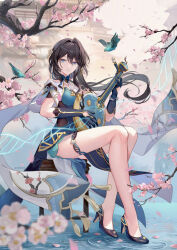  1girl absurdres architecture bead_necklace beads bird black_hair blue_eyes celtreny cherry_blossoms dress earrings east_asian_architecture flower gloves hair_flower hair_ornament high_heels highres honkai:_star_rail honkai_(series) instrument jewelry long_hair music necklace petals playing_instrument ruan ruan_mei_(honkai:_star_rail) sitting thigh_strap twitter_username wind 